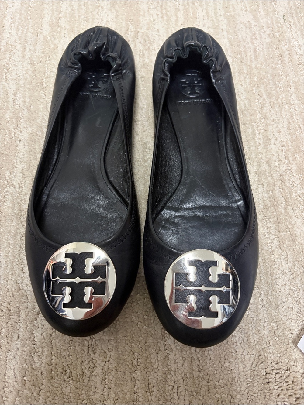Tory Burch Black Leather Reva Ballet Flats With Silver